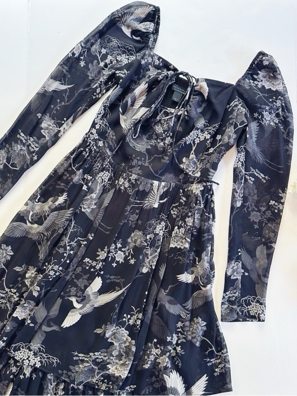 NEW All Saints Women’s Devyn Peggy Floral Print Long Sleeve Maxi Dress Black 0 - Picture 6 of 11